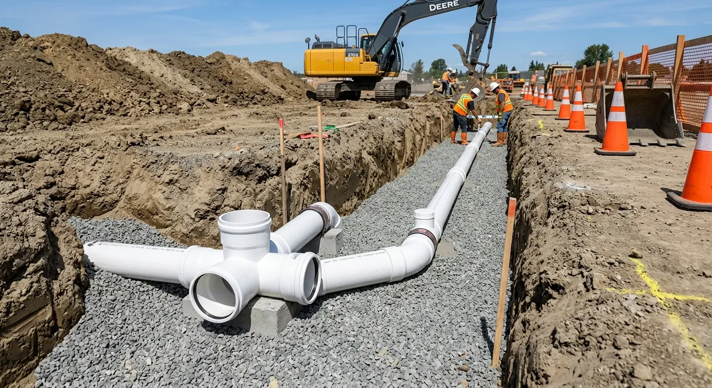 New PVC sewer pipe installation in open trench for Grease Trap Cleaning in Buckeye