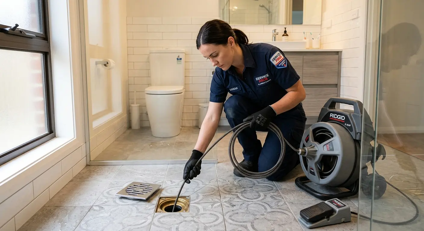 Technician clearing a bathroom floor drain for Sewer Line Installation in Buckeye